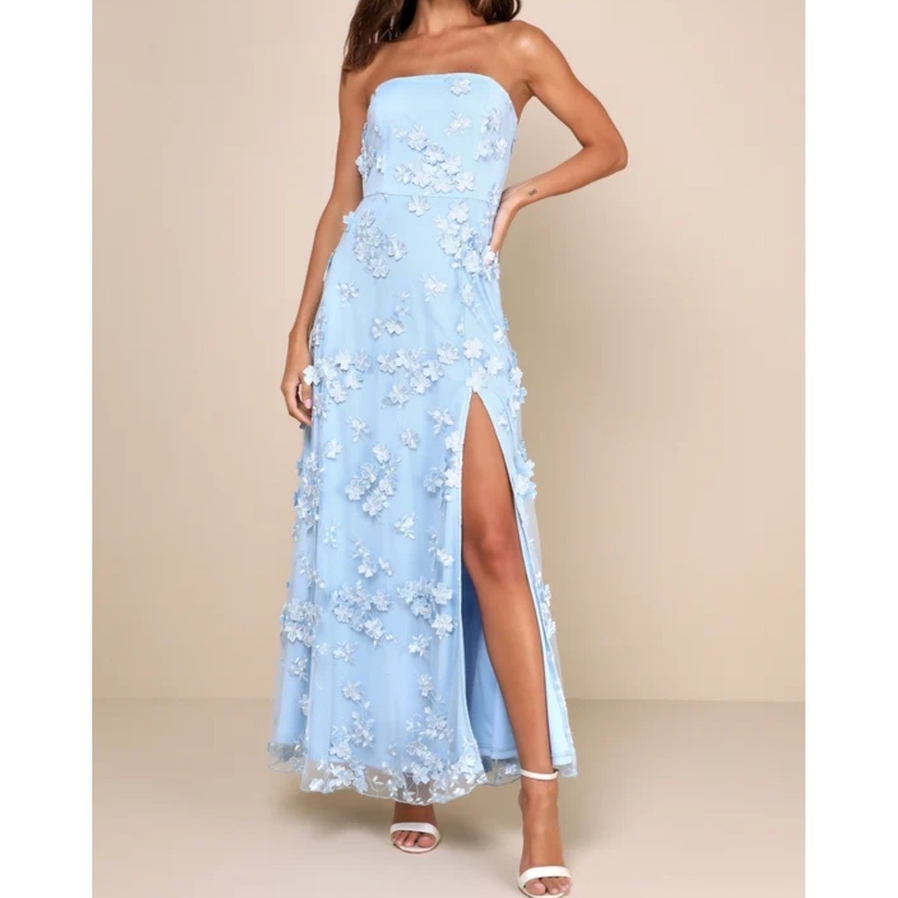 Lulu's Light Blue Strapless Maxi Dress with 3D Floral Appliqué *FLAW